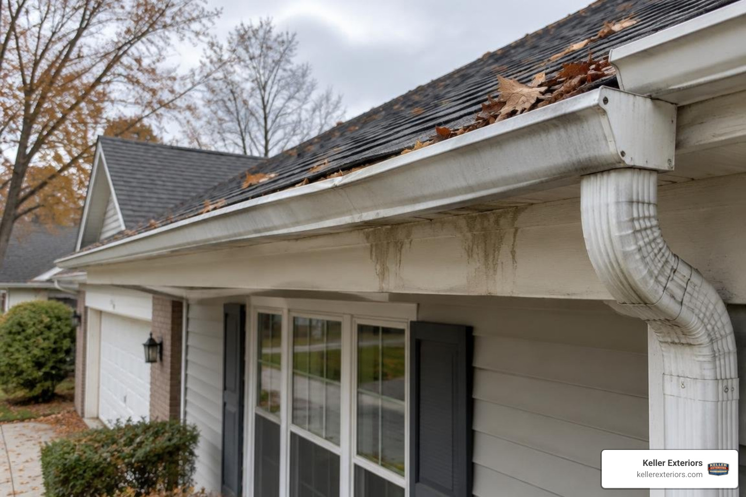 Autumn home exterior showing sagging gutters, leaf buildup, and fascia water stains